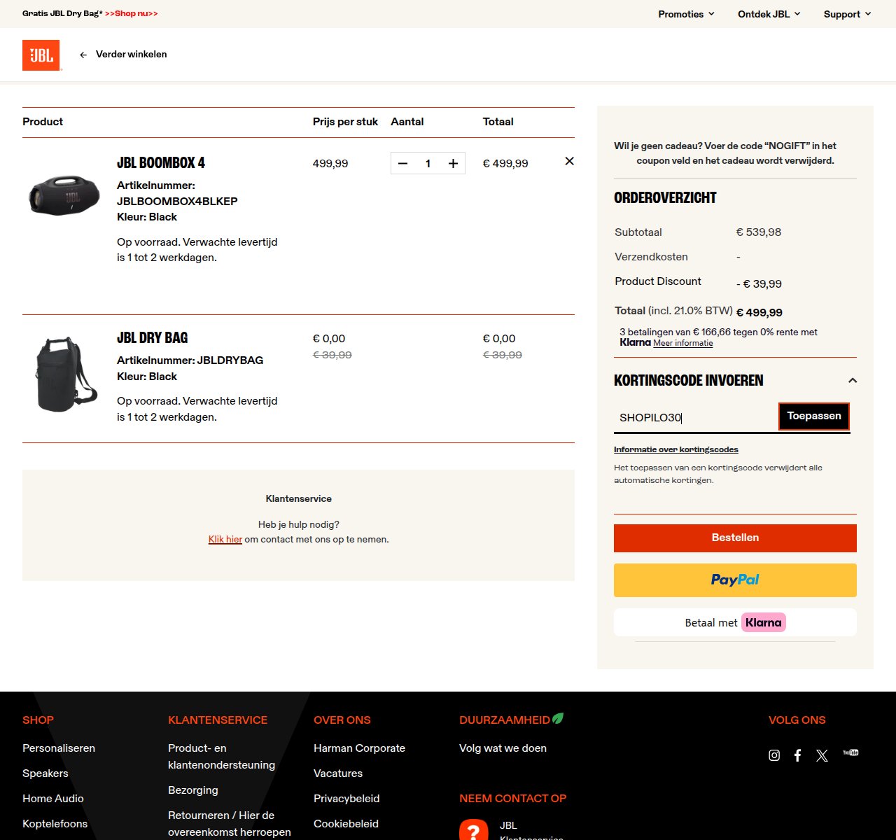 Waar je de kortingscode invoert op de JBL-website