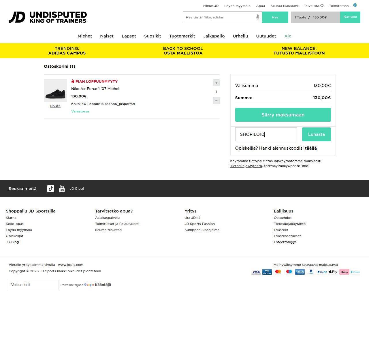 Mihin alennuskoodi syötetään JD Sports-sivustolla