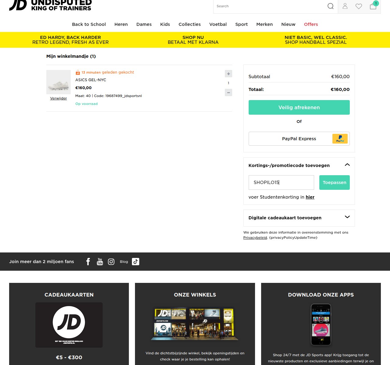 Waar je de kortingscode invoert op de JD Sports-website