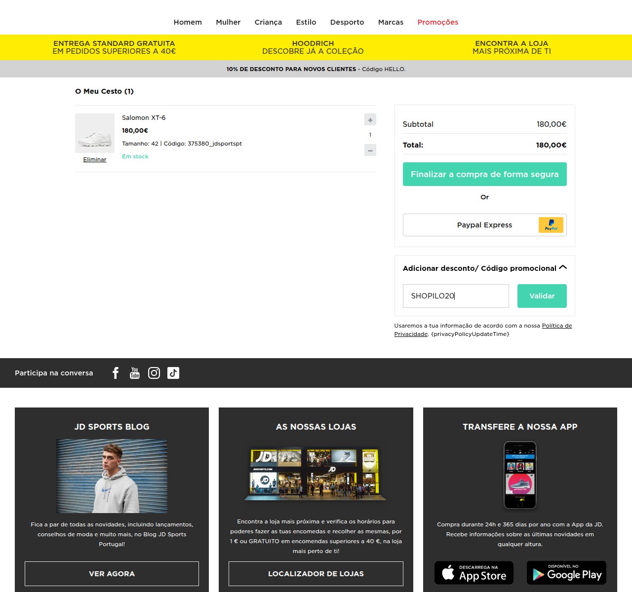 Onde inserir o código de desconto no site da JD Sports