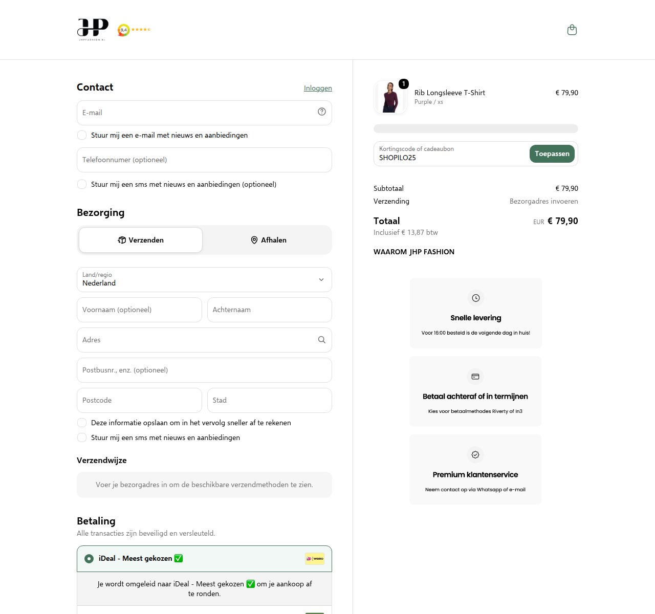 Waar je de kortingscode invoert op de JHP Fashion-website