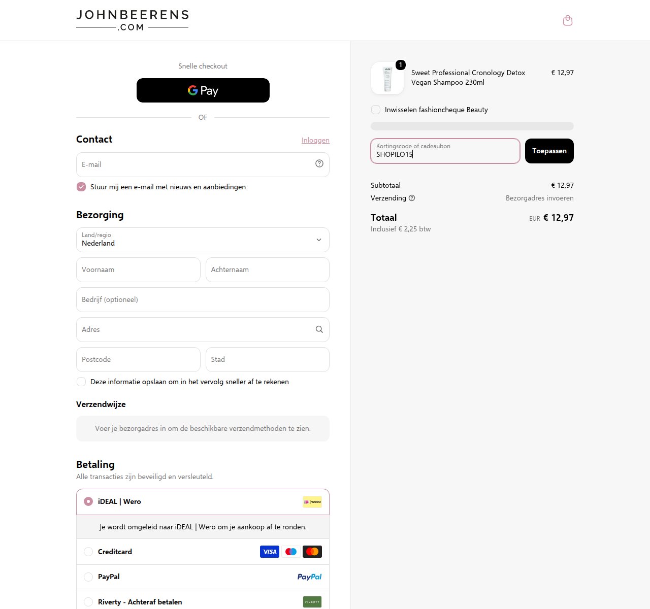 Waar je de kortingscode invoert op de John Beerens-website