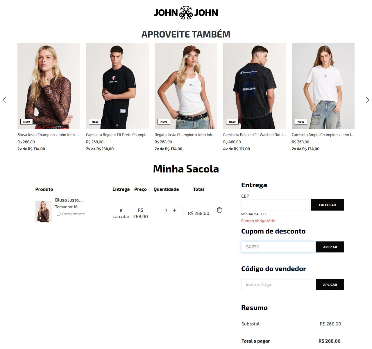 Onde inserir o código de desconto no site da John John