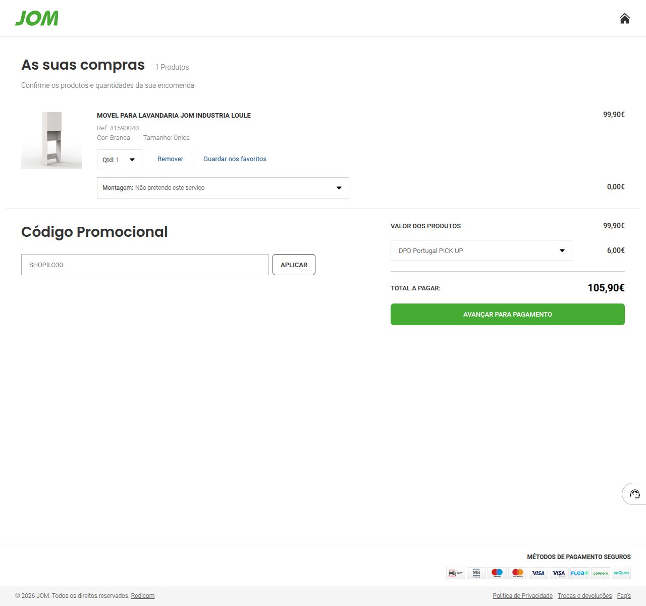 Onde inserir o código de desconto no site da JOM