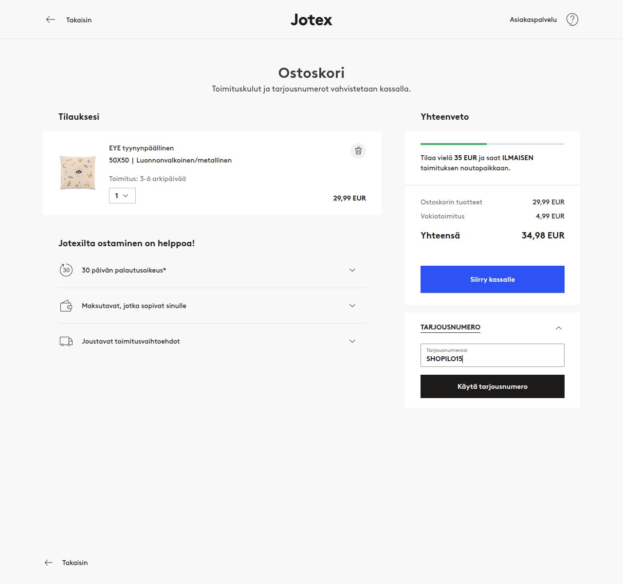 Mihin alennuskoodi syötetään Jotex-sivustolla