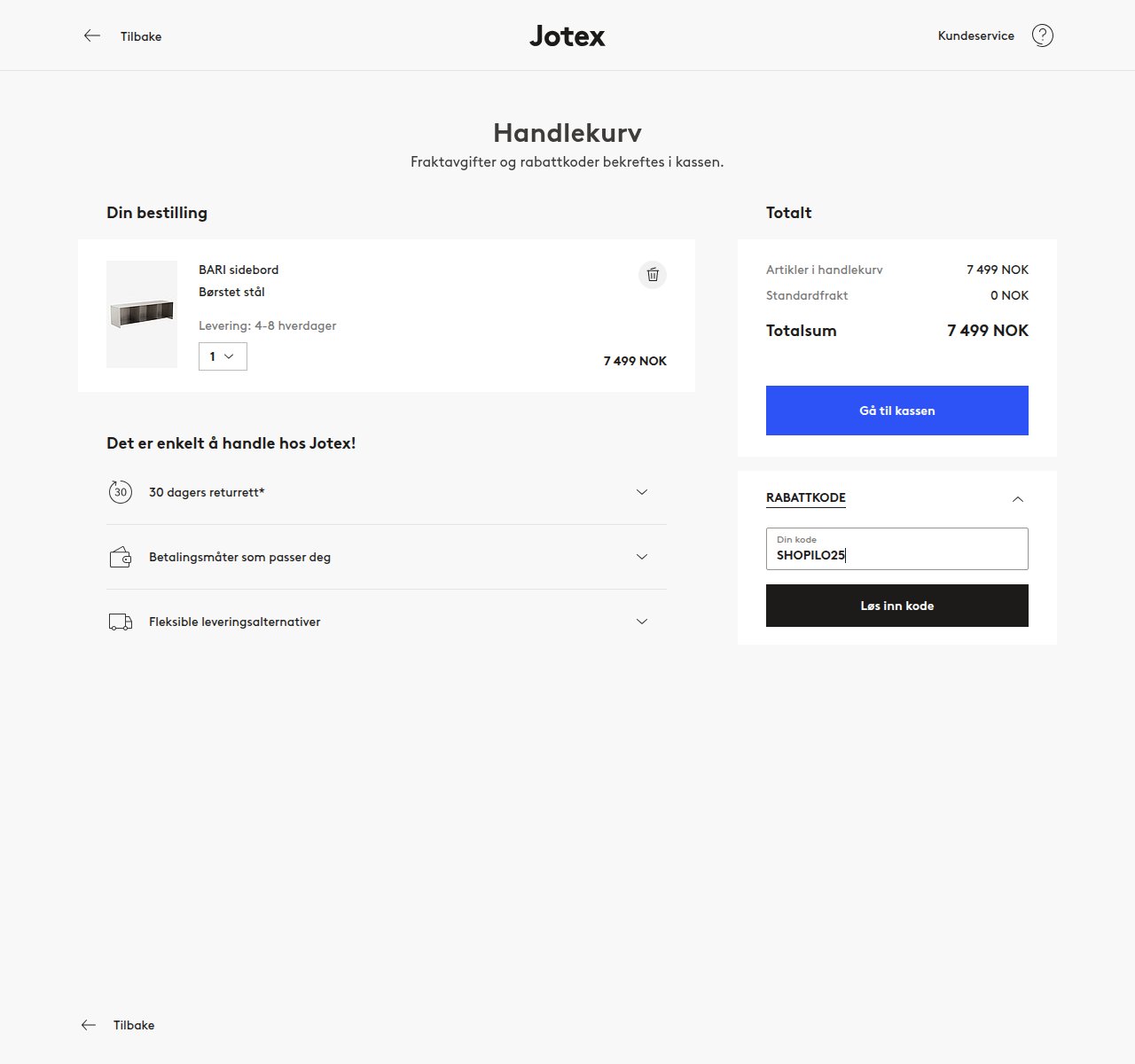 Where to enter the discount code on the Jotex website
