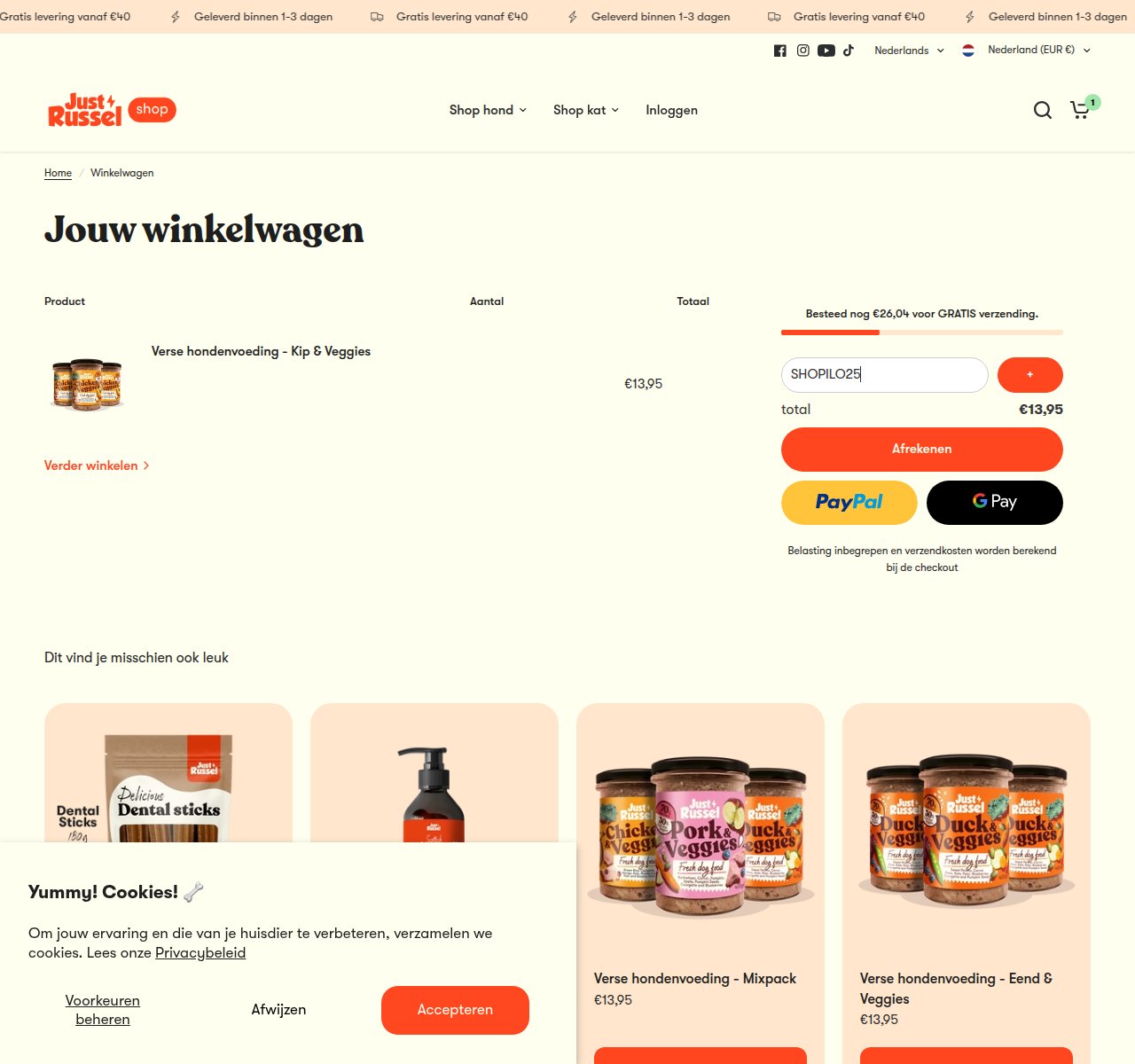 Waar je de kortingscode invoert op de Just Russel-website