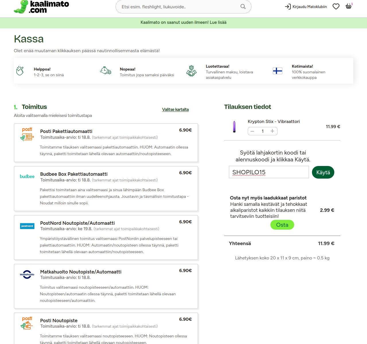 Mihin alennuskoodi syötetään Kaalimato.com-sivustolla
