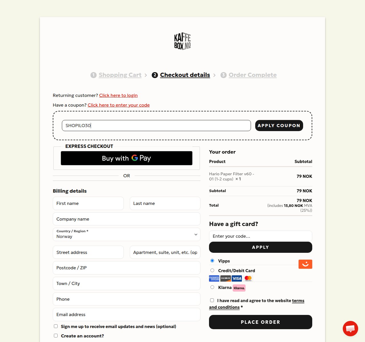 Where to enter the discount code on the KaffeBox website