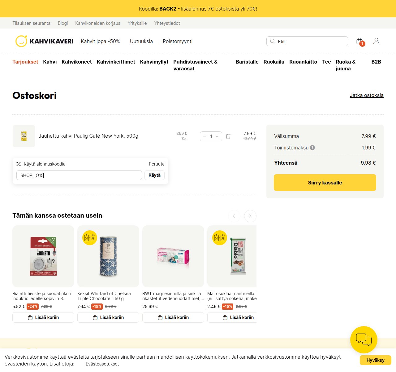 Mihin alennuskoodi syötetään Kahvikaveri-sivustolla