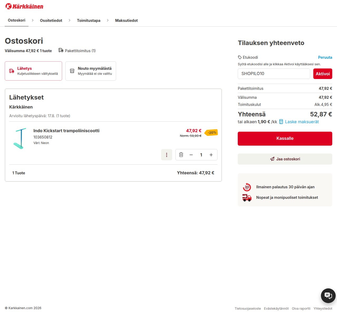 Mihin alennuskoodi syötetään Kärkkäinen-sivustolla