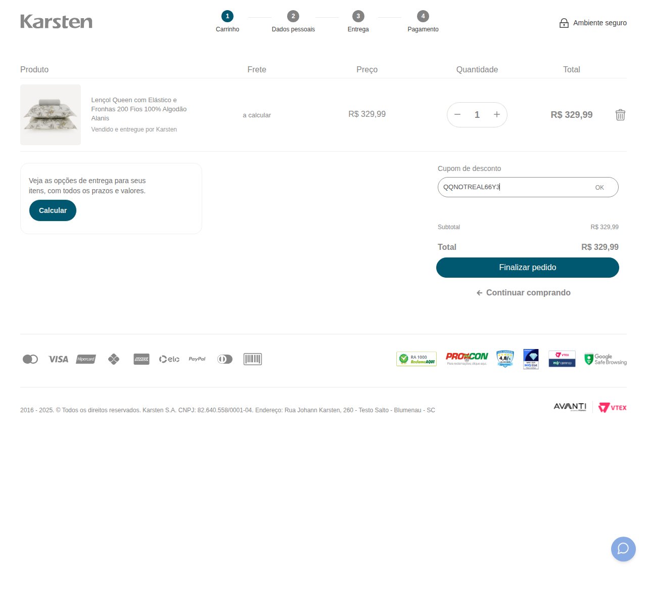 Onde inserir o código de desconto no site da Karsten