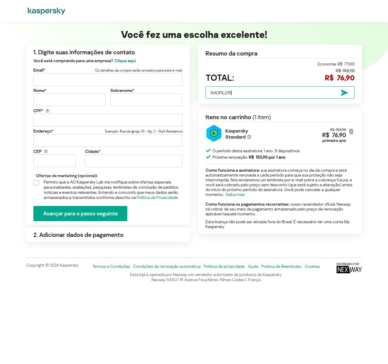 Onde inserir o código de desconto no site da Kaspersky