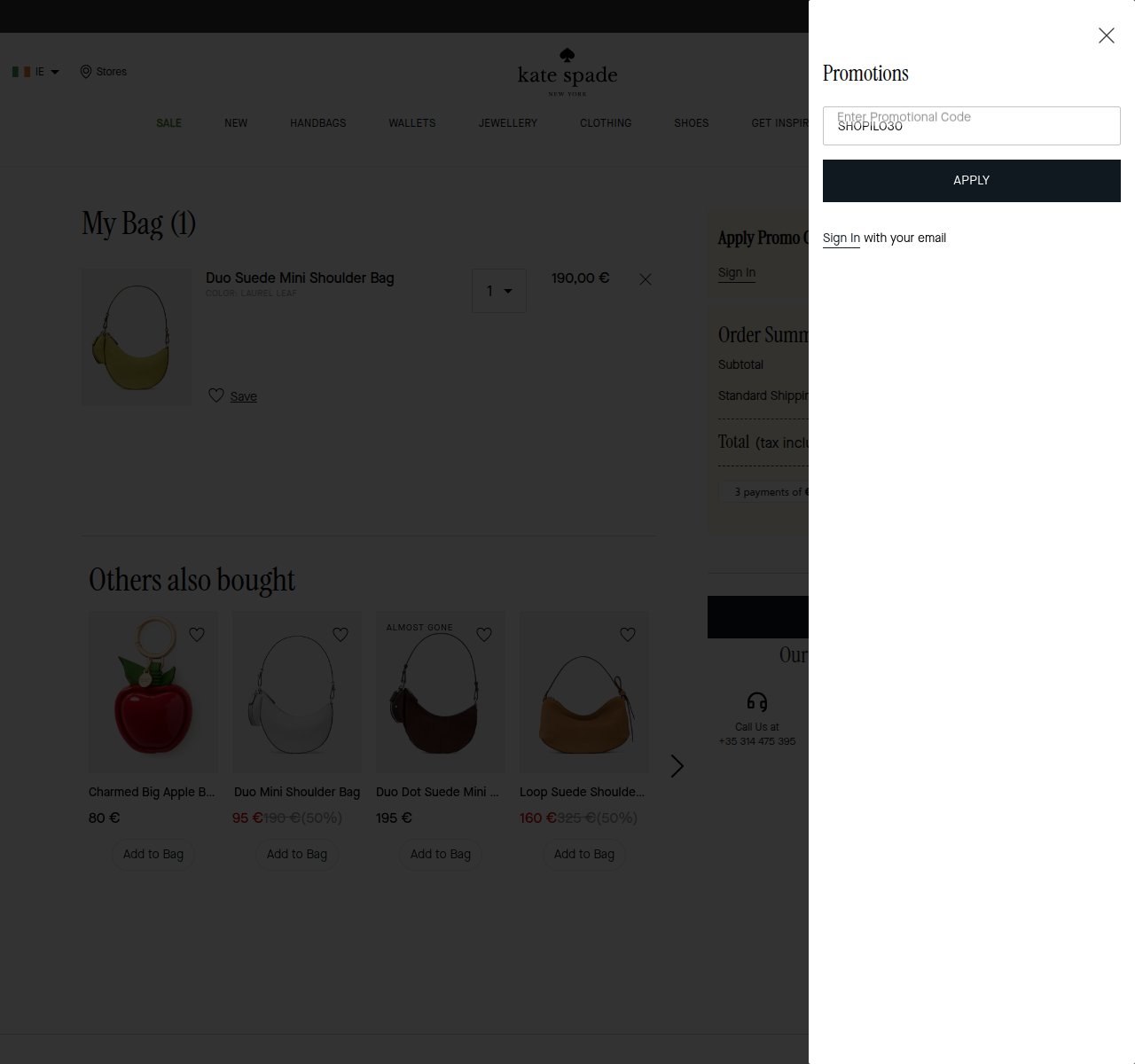 Where to enter the discount code on the Kate Spade website