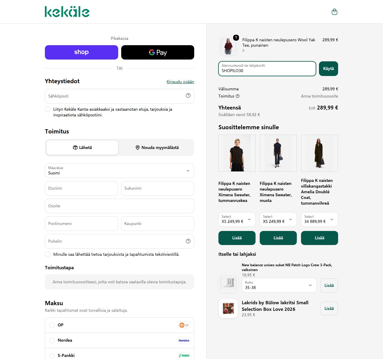 Mihin alennuskoodi syötetään Kekäle-sivustolla