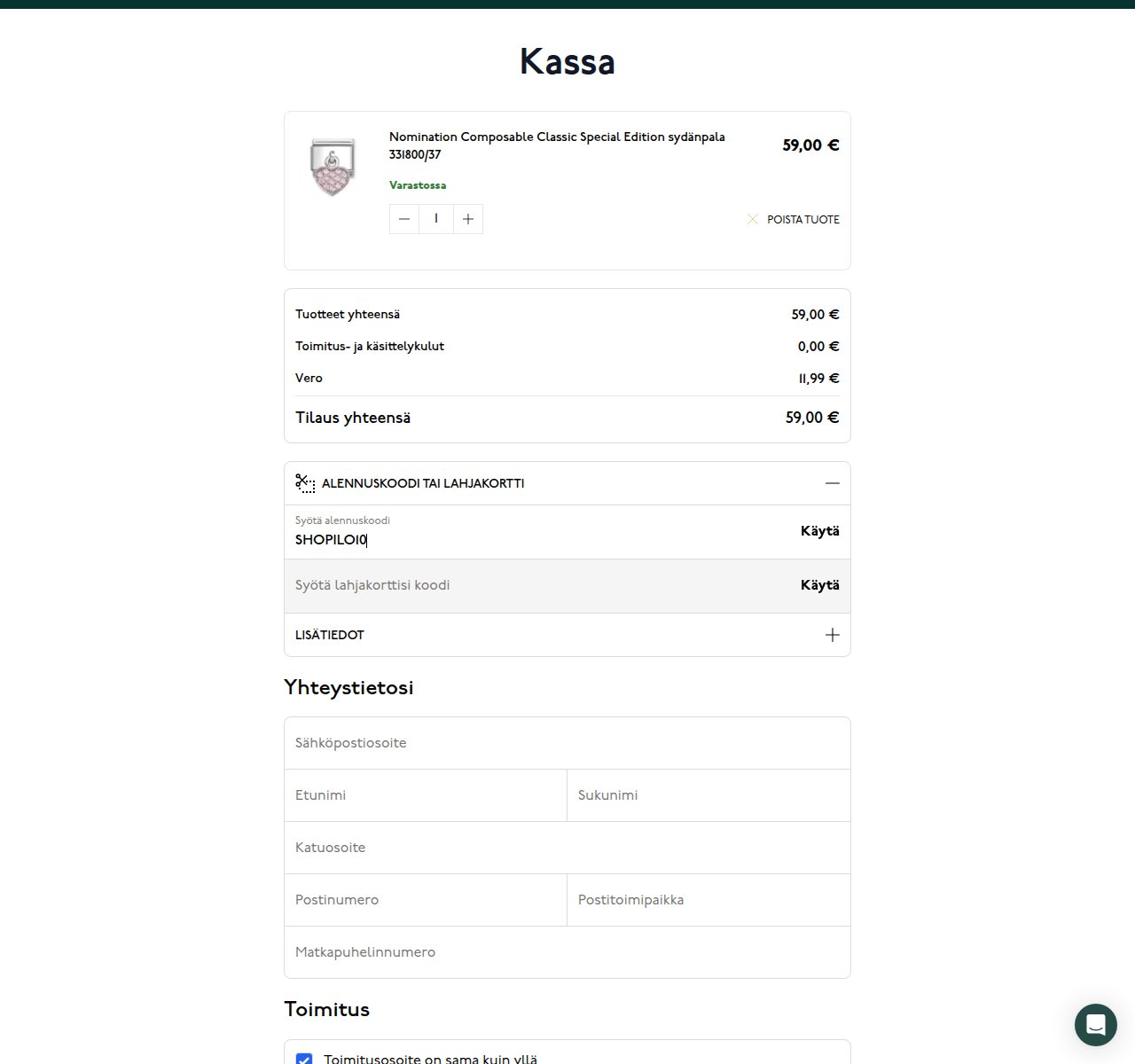Mihin alennuskoodi syötetään Keskisen Kello-sivustolla