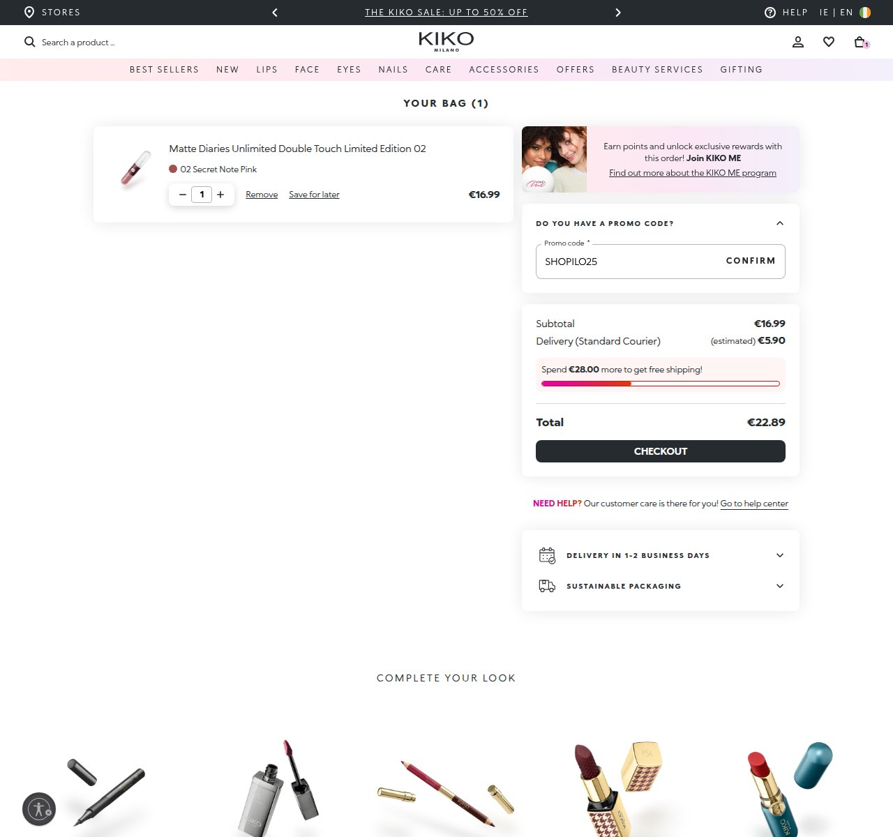 Where to enter the discount code on the KIKO Milano website
