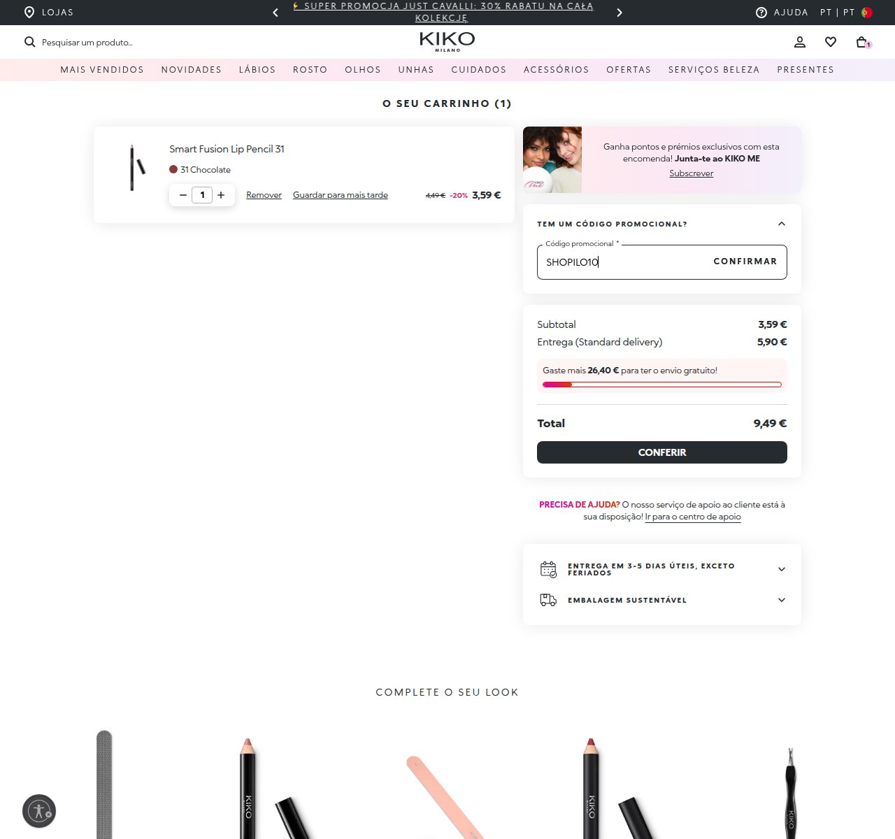 Onde inserir o código de desconto no site da KIKO Milano