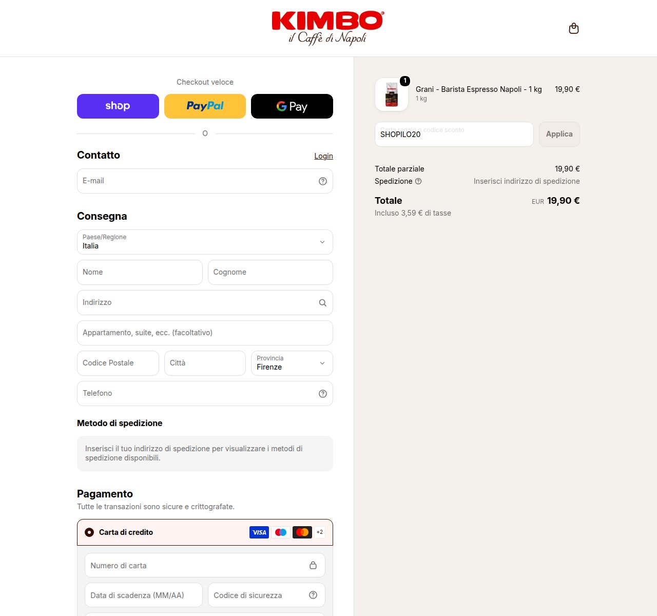 Dove inserire il codice sconto sul sito Kimbo