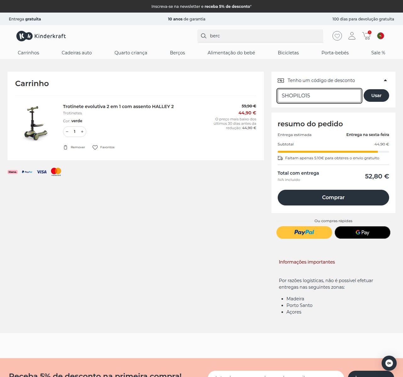 Onde inserir o código de desconto no site da Kinderkraft