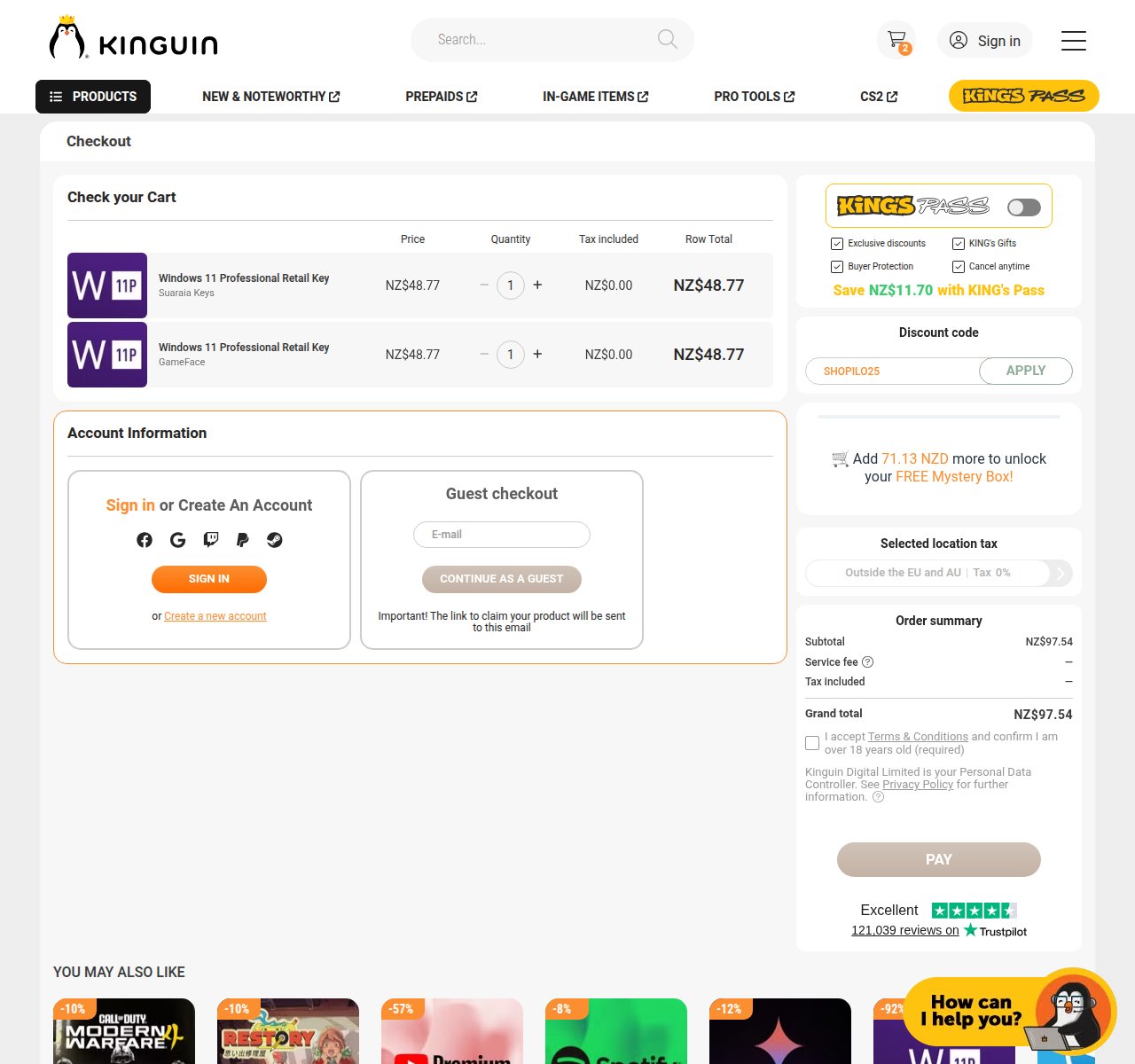 Where to enter the discount code on the Kinguin website