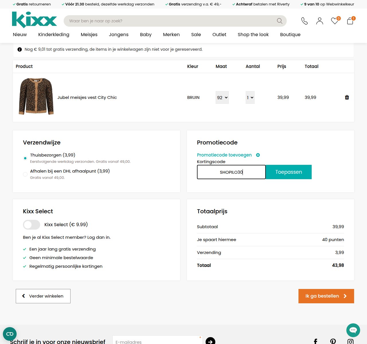 Waar je de kortingscode invoert op de Kixx-website
