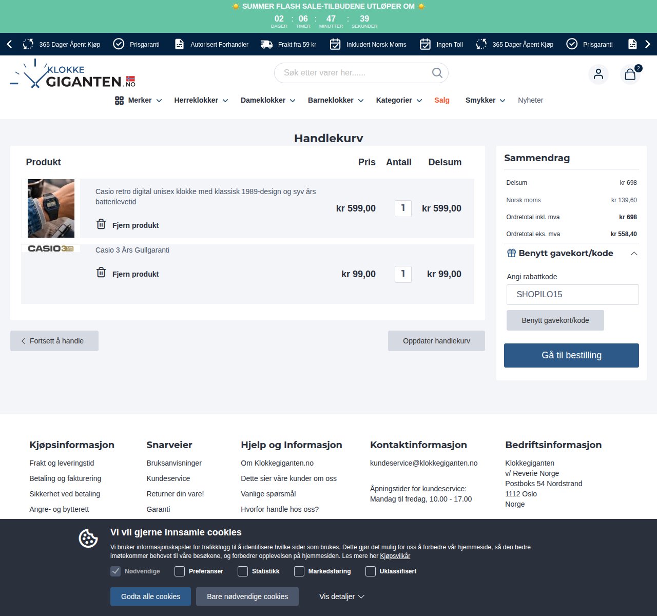 Where to enter the discount code on the Klokkegiganten website