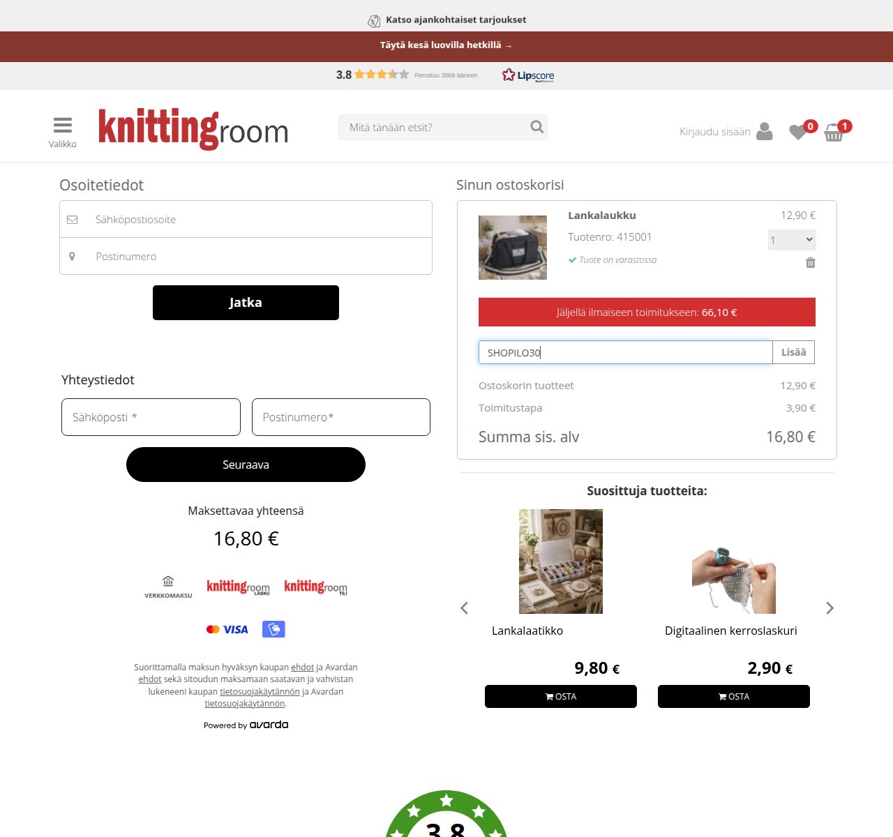 Mihin alennuskoodi syötetään Knittingroom-sivustolla