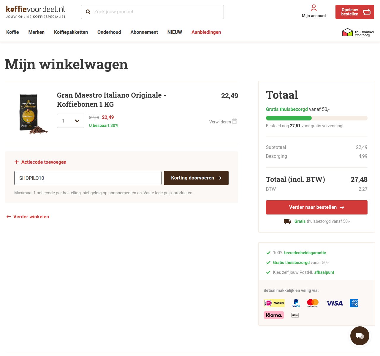 Waar je de kortingscode invoert op de Koffievoordeel-website