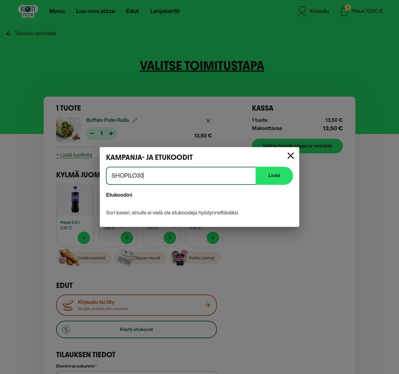 Mihin alennuskoodi syötetään Kotipizza-sivustolla