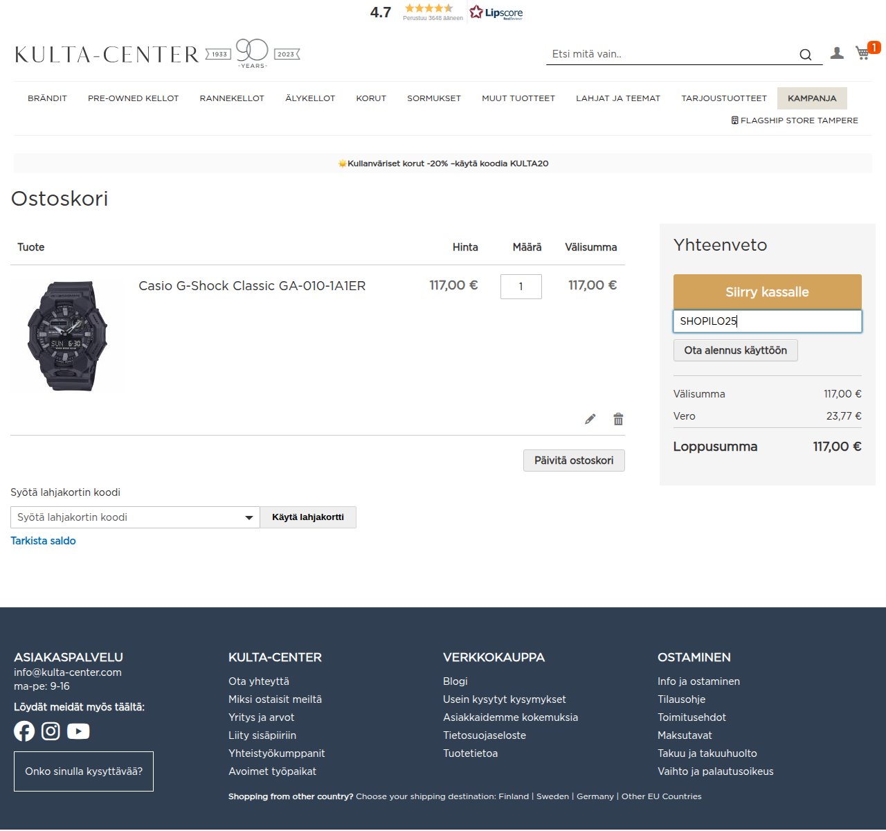 Mihin alennuskoodi syötetään Kulta-Center-sivustolla