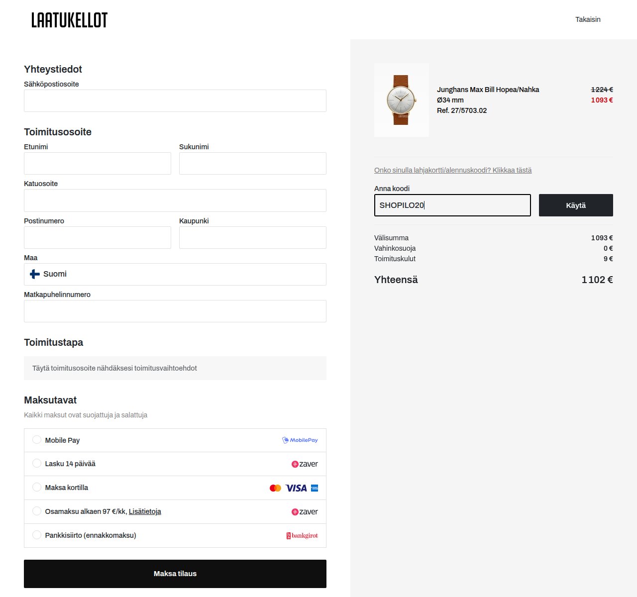 Mihin alennuskoodi syötetään Laatukellot-sivustolla