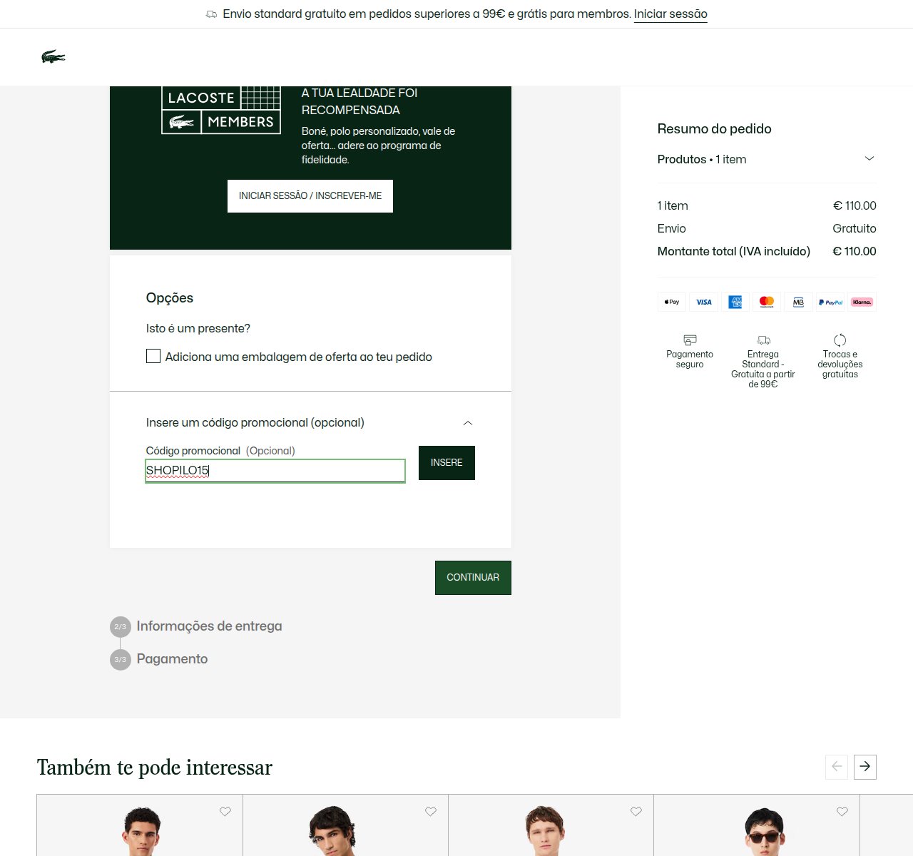 Onde inserir o código de desconto no site da Lacoste