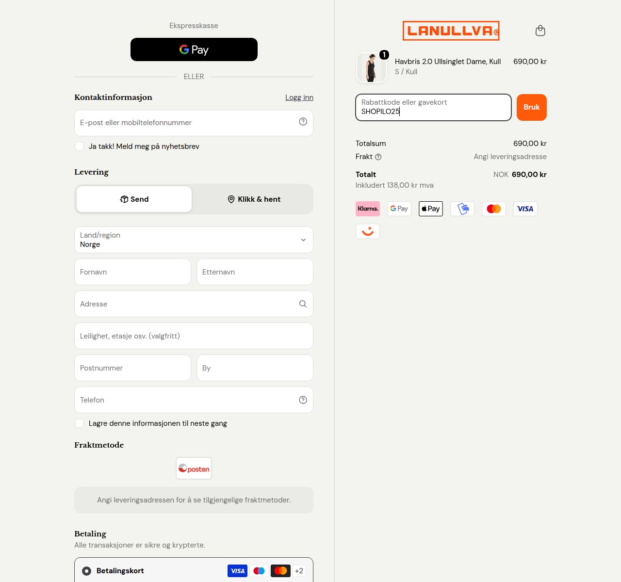 Where to enter the discount code on the Lanullva website