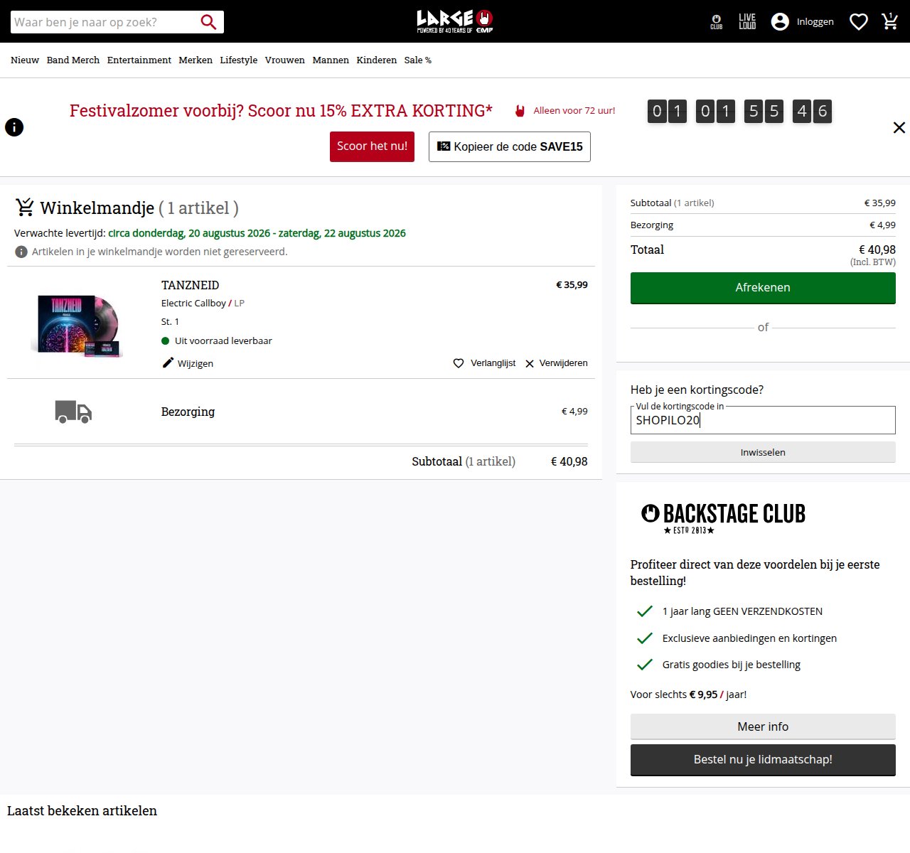 Waar je de kortingscode invoert op de Large-website