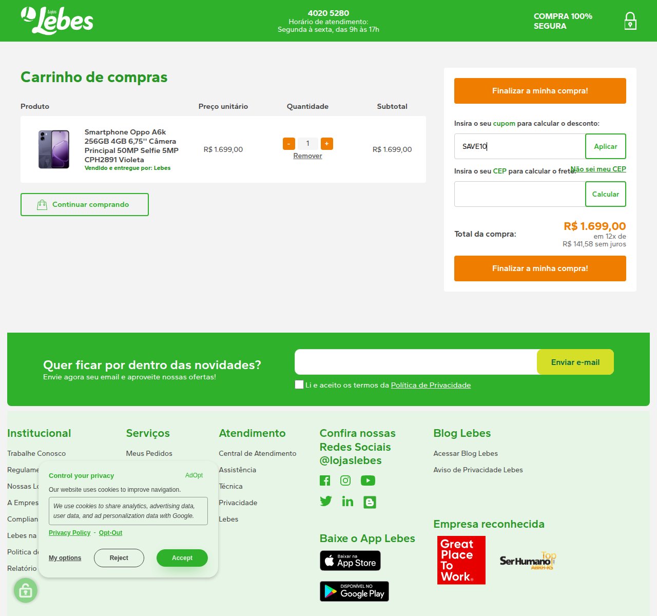 Onde inserir o código de desconto no site da Lojas Lebes