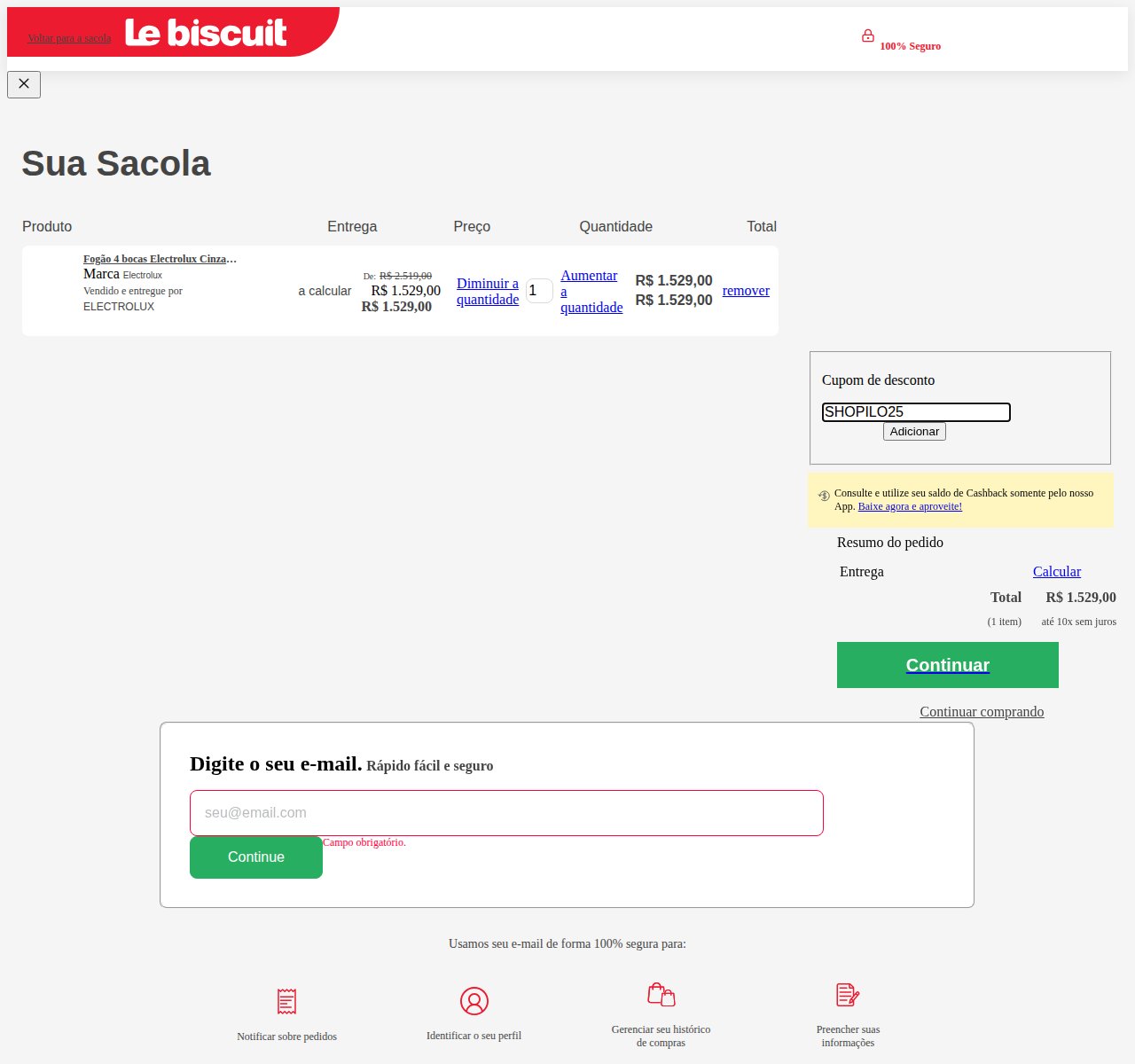 Onde inserir o código de desconto no site da Le Biscuit