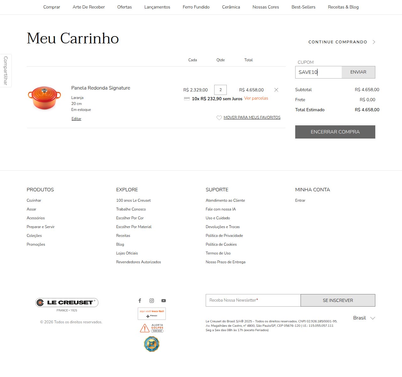 Onde inserir o código de desconto no site da Le Creuset