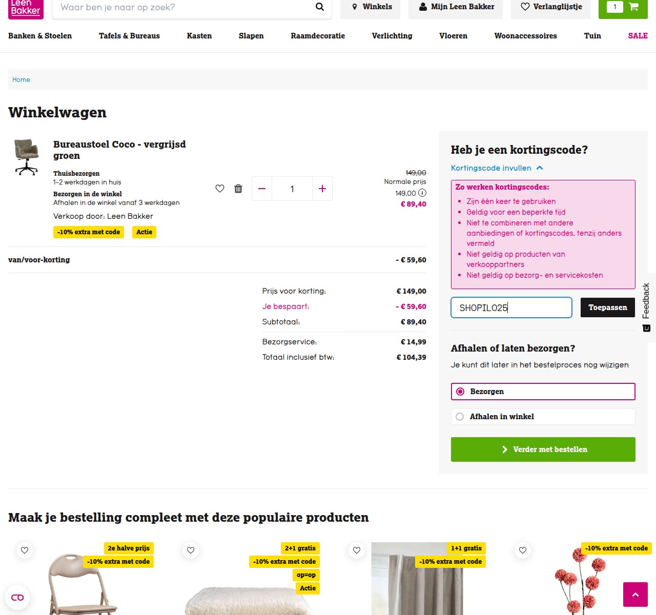 Waar je de kortingscode invoert op de Leen Bakker-website