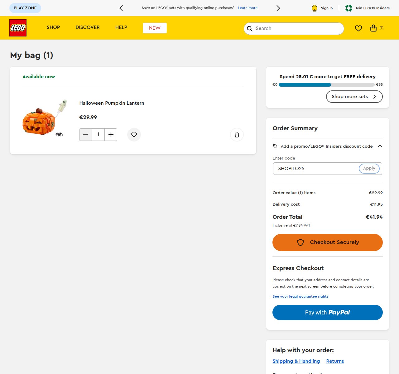 Where to enter the discount code on the LEGO website