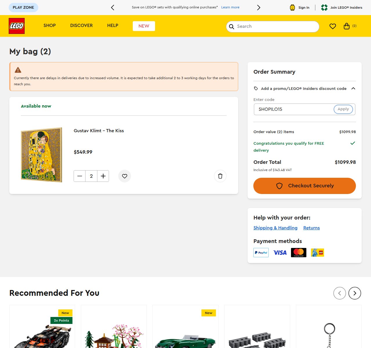 Where to enter the discount code on the LEGO website