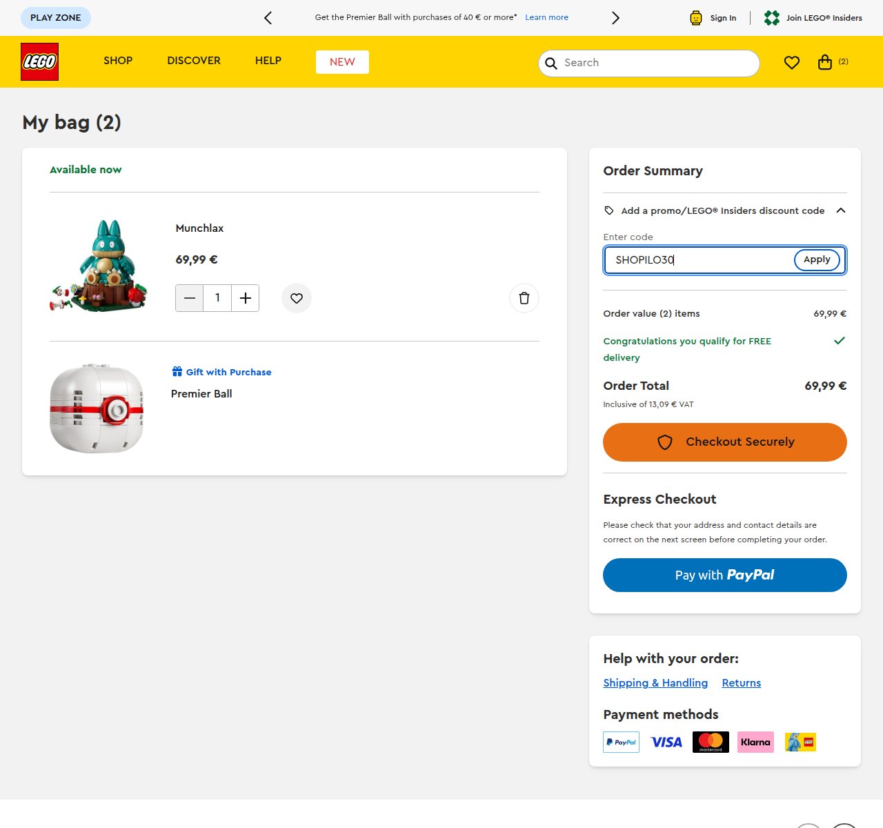 Onde inserir o código de desconto no site da LEGO