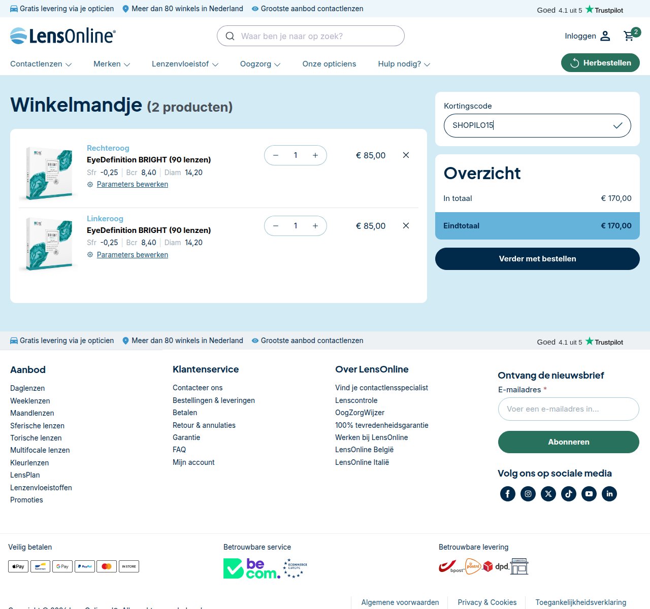 Waar je de kortingscode invoert op de LensOnline-website