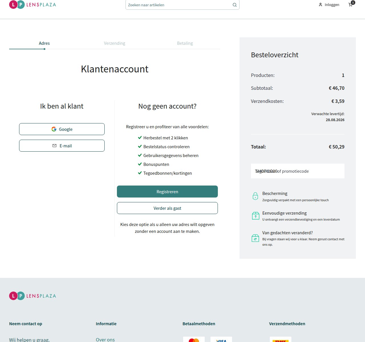 Waar je de kortingscode invoert op de Lensplaza-website