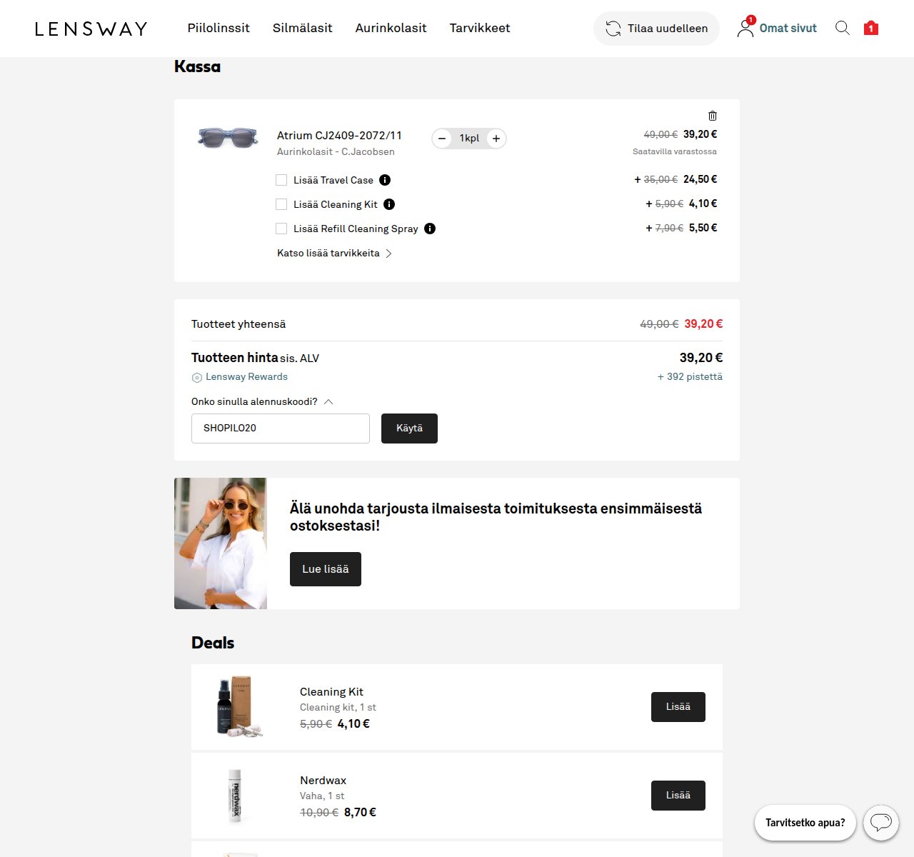 Mihin alennuskoodi syötetään Lensway-sivustolla