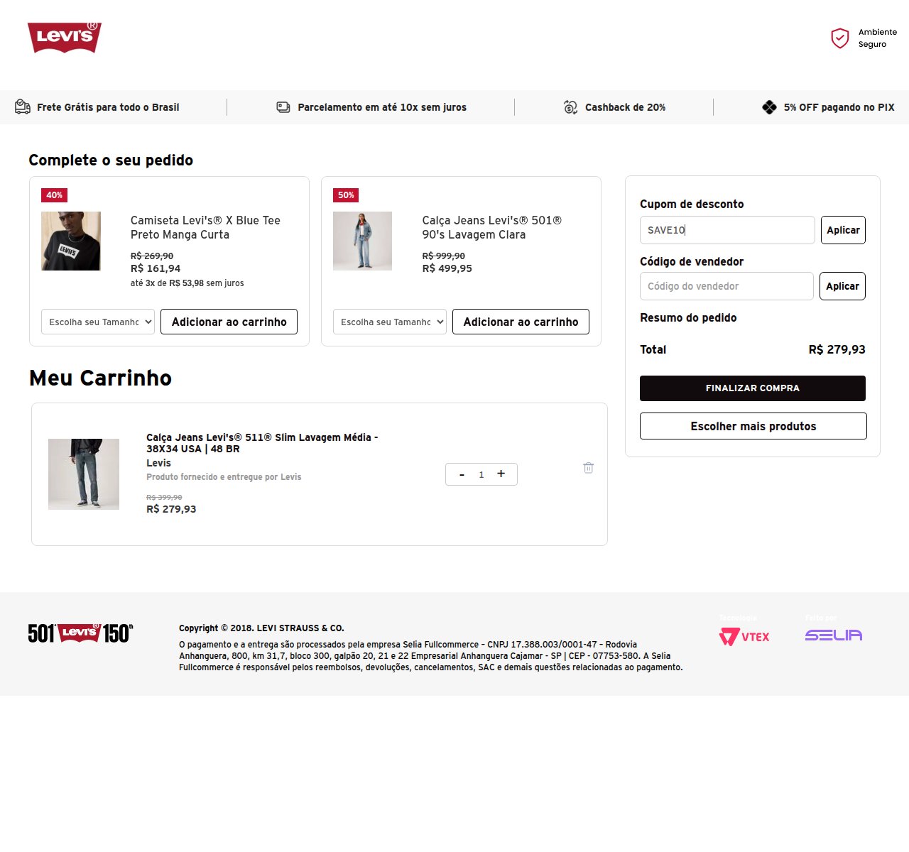 Onde inserir o código de desconto no site da Levi's