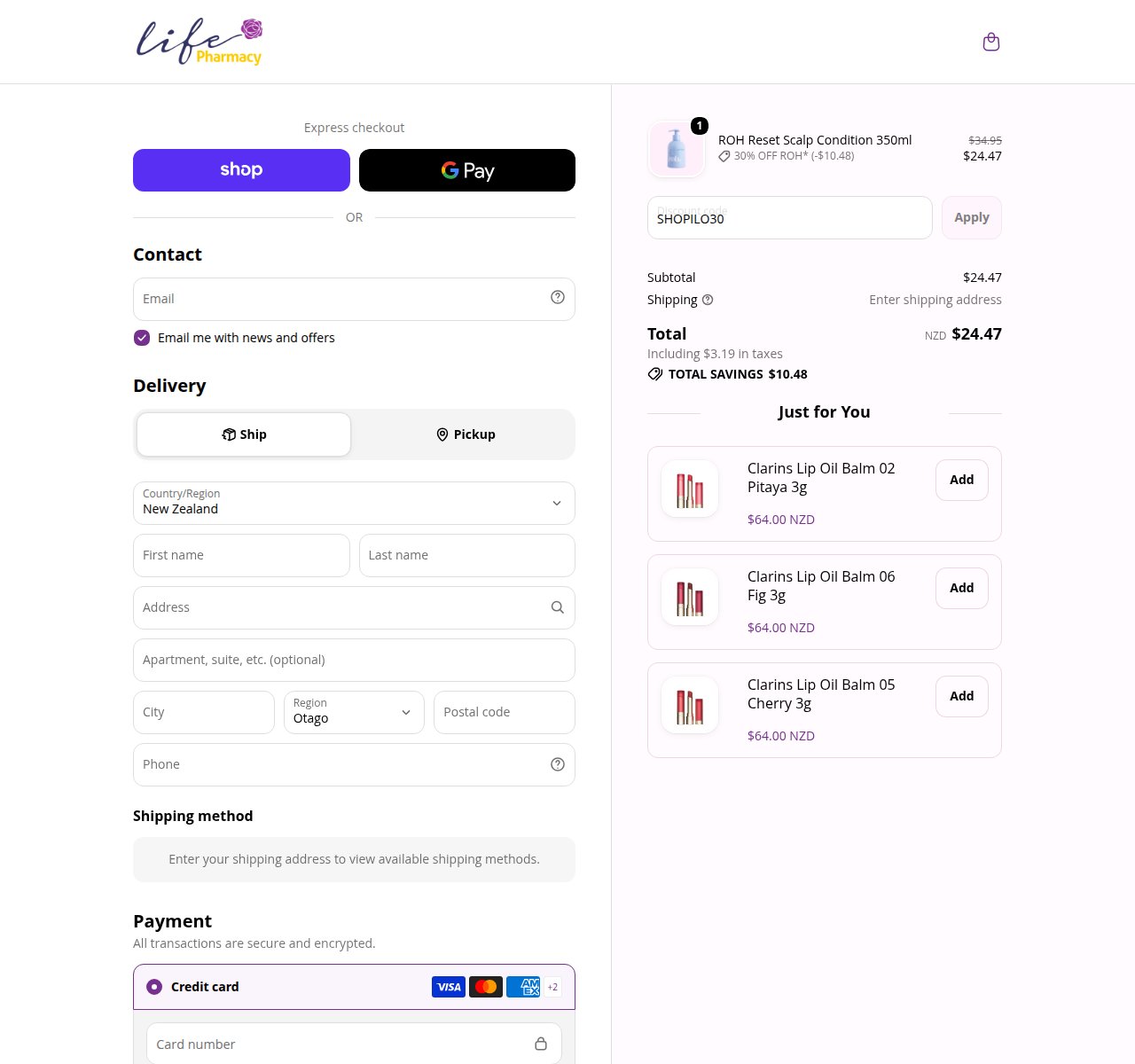 Where to enter the discount code on the Life Pharmacy website