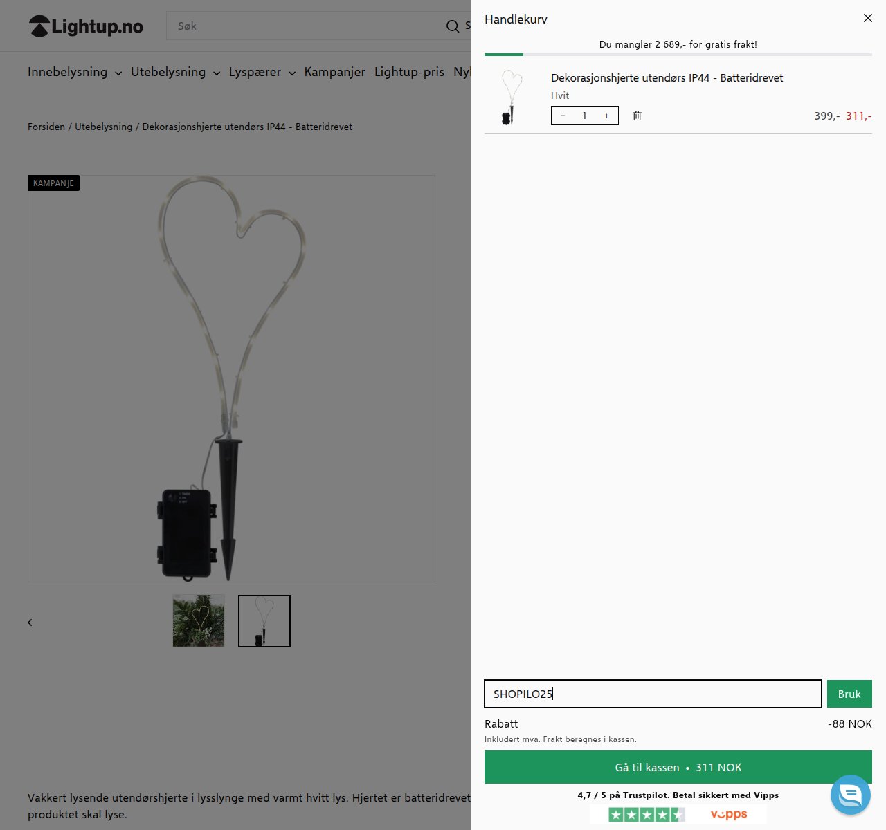 Where to enter the discount code on the Lightup.no website