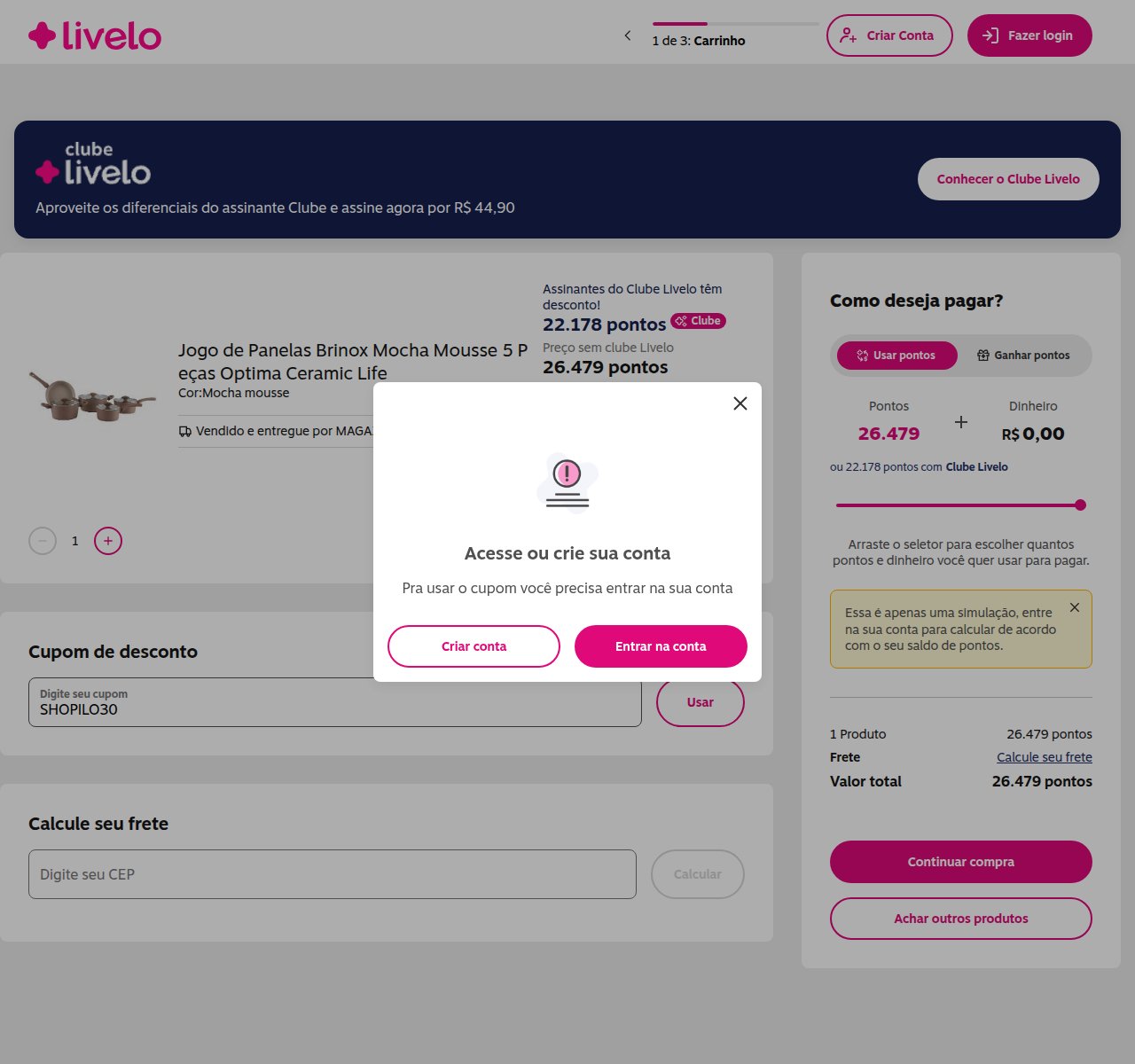 Onde inserir o código de desconto no site da Livelo