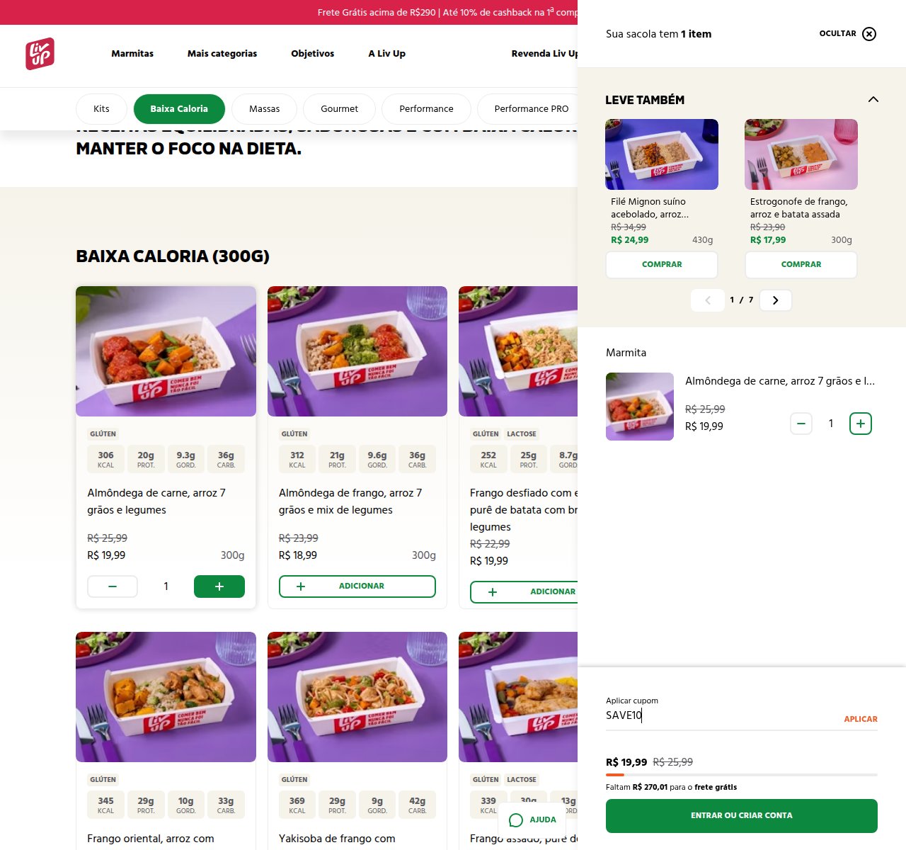 Onde inserir o código de desconto no site da Liv Up